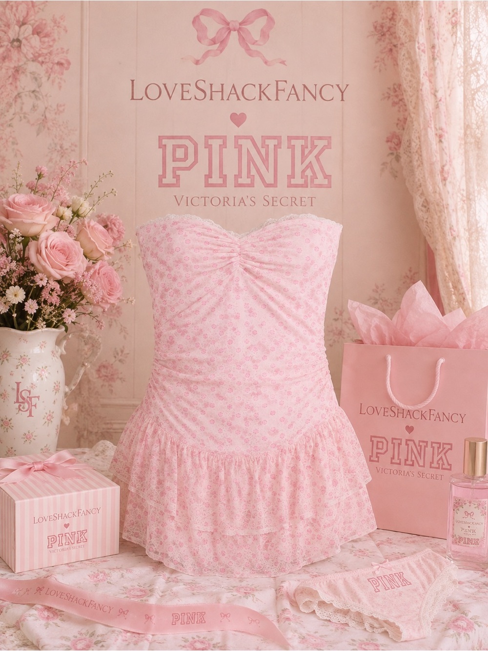 LoveShackFancy Soft Pink Strapless Lace Chemise